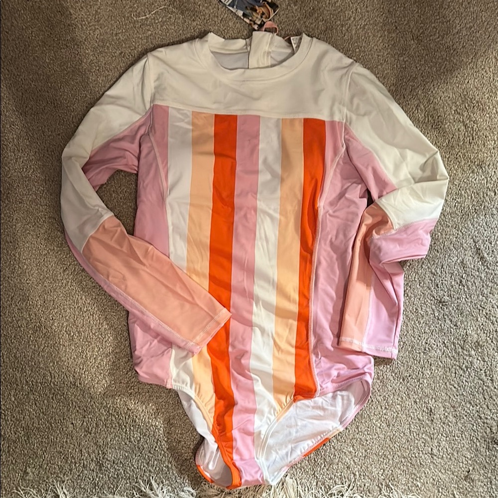 Striped Long Sleeve Swimsuit - Pink and Orange
